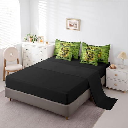 Erosebridal Big Pike Fish Hunting Green King 7-Piece Comforter Set | Wooden Print Underwater Sheets and Pillowcases Underwater Ombre Kids Boys Teens Bed in A Bag Vintage Retro Bed Sets