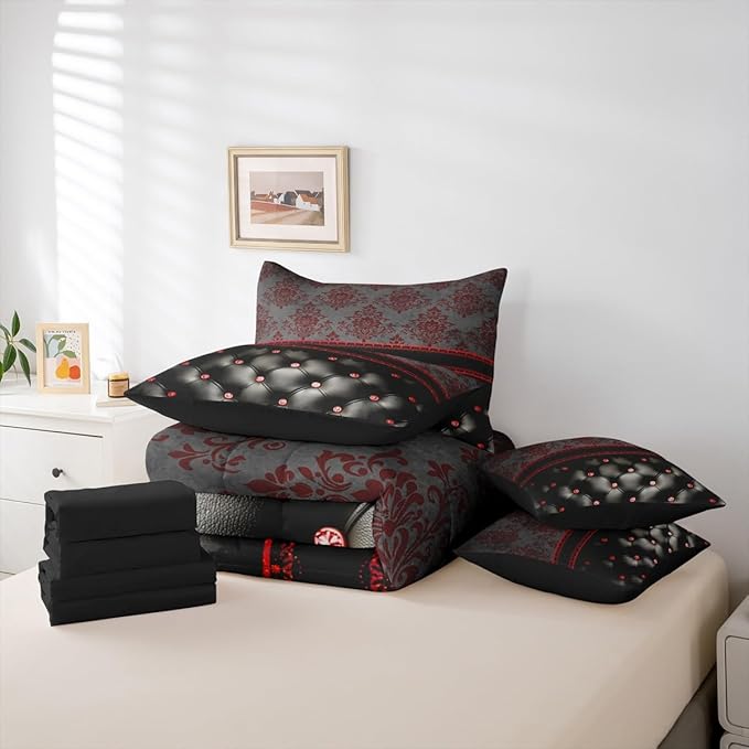 Red Damask King Size Comforter Set with Sheets | Victorian Decor Gothic Vintage Floral 7 Piece Bedding Set Luxury Black Diamond Texture Pattern Bohemian Bed in a Bag, Baroque Goth Room Decor
