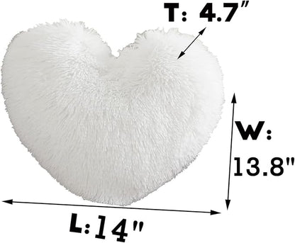 MorroMorn Fluffy Heart Throw Pillows, Shaggy Decorative Pillow for Sofa Couch Bed, Cute Room Decor Decorations for Women Girls Kids (White)