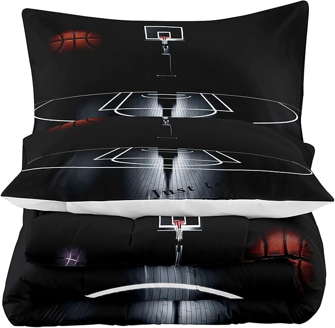 Tailor Shop Sports Basketball Comforter Set for Boys Teens Men Black Basketball Court Comforter Basketball Quilt Bedding Set Soft Lightweight Microfiber King Size with 1 Comforter 2 Pillowcases