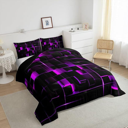 Erosebridal Geometric Violet Black Comforter Set,Light Honeycomb 3 Piece Bedding Set King Size for Teen Boys,Modern Bedding Quilt Decor,Microfiber Lightweight 1 Comforter 2 Pillowcases