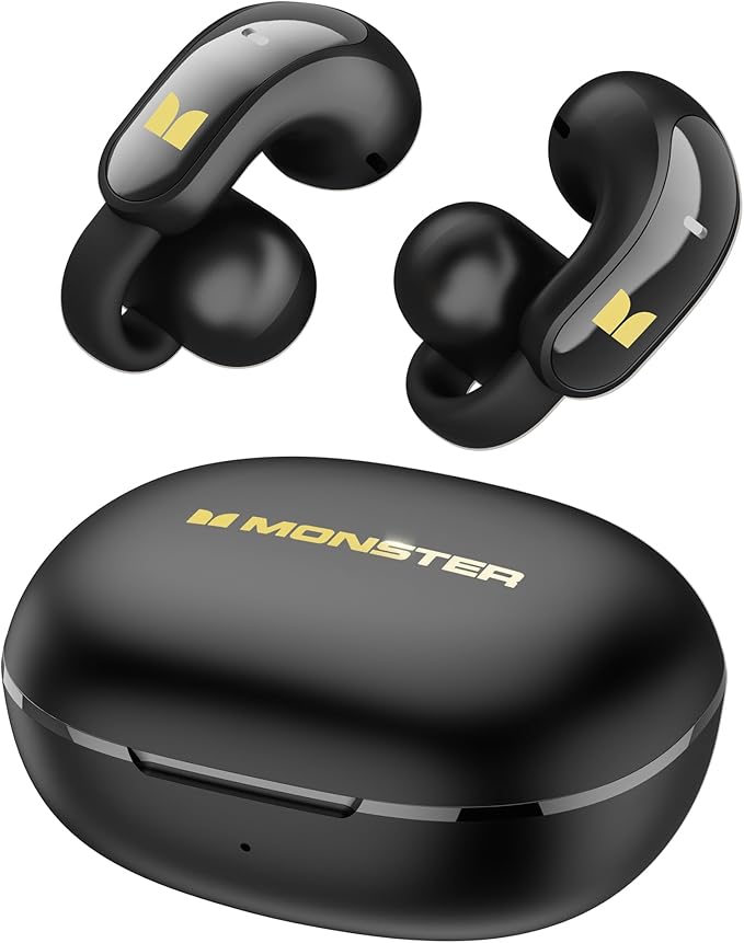 Monster Open Ear AC228 Wireless Headphones, Clip-On Earbuds, Adaptive Comfort, Immersive Audio, Bluetooth 6.0 Open Ear Earphones, 30H Playtime, IPX5 Water Resistant, Black.