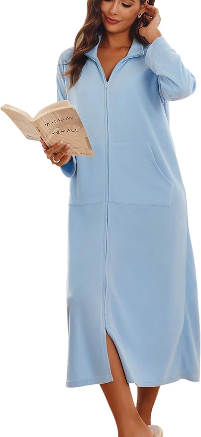 Ekouaer Women Zipper Robe Long Sleeves House Coat Soft Bathrobe Sleepwear with Pockets Housecoat Loungewear
