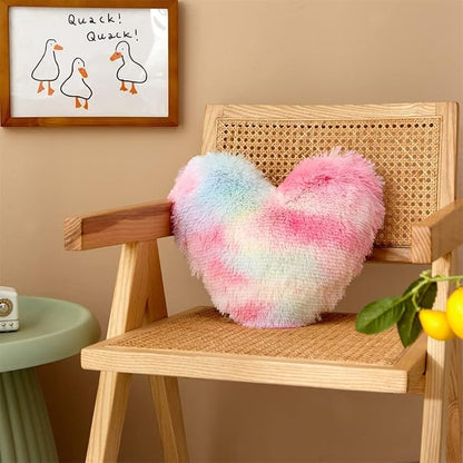 MOOWOO Rainbow Fluffy Heart Pillow,Valentines Day Decor Faux Fur Throw Pillow,Sherpa Plush Shaggy, Girl Room Decor,Heart Shape for Mothers Day,Christmas Decorations(Colorful)