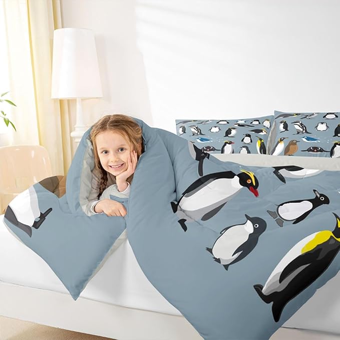 Erosebridal Penguins Bedding Set for Boys Young,Antarctica Animals Wildlife Comforter Set for Kids Man,Cartoon Little Penguins Quilted Duvet,Cute Wild Safari Theme Bedroom Decor Twin Size