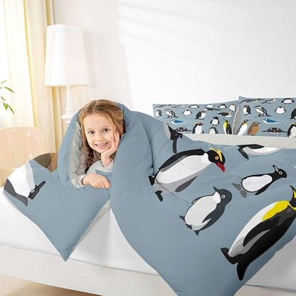 Erosebridal Penguins Bedding Set for Boys Young,Antarctica Animals Wildlife Comforter Set for Kids Man,Cartoon Little Penguins Quilted Duvet,Cute Wild Safari Theme Bedroom Decor Twin Size