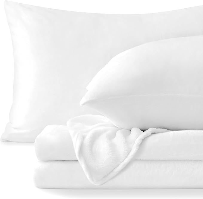 BEDELITE Flannel Sheets King Size Bright White - Super Soft Fleece Sheets Set Fluffy Extra Plush, 4 Piece(Include Fitted Sheet, Flat Sheet, 2 Pillowcases)