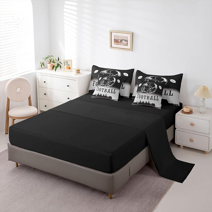 Erosebridal Football City Bed in A Bag Ball Sports Game 7 Piece Bedding Set American Soccer Sports Rugby Comforter Set with Sheets Queen Size for Kids Teen Adults,Black Grey Ombre Bed Set