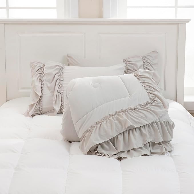 Beige Comfrter Set Queen Size Boho Bedding Comforter Shabby Chic 2 Layers Ruffles Home Decor Farmhouse Bedding Bohemian Bed Comforter