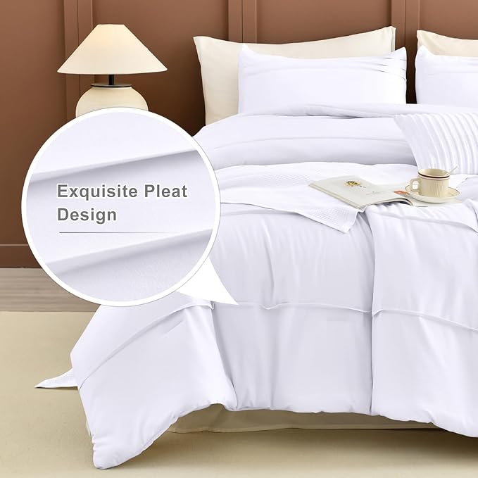 Masaca White Oversized King Comforter Set 120x120,Pinch Pleated Textured California King Bed Comforter Set Rustic Boho Microfiber Extra Large Bedding 3PCS