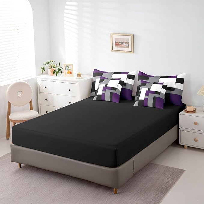 Erosebridal 7 Pcs Purple Black White Comforter Set Full Size,Geometric Bed in a Bag with Flat Sheet and Fitted Sheet for Kids and Adults,Modern Square Bedding Set with Pillowcases and Cushion Cases