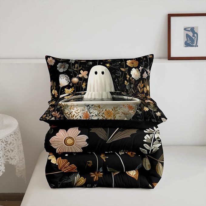 Erosebridal Kids Halloween Ghost Full Size Bedding Set, Halloween Decorations Black Comforter Set Funny Gothic Decor Comforter for Boys Girls Teens Adults, Retro Horror Terror Theme Quilt