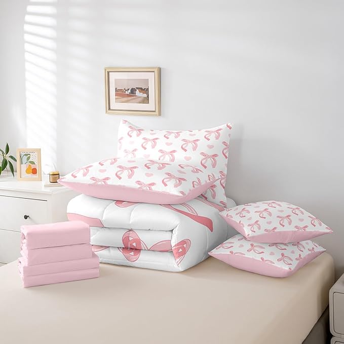 jejeloiu Cute Pink Bow 7 Piece Bedding Set Full Size Ribbon Bow Comforter Set with Sheets for Kids Women Cartoon Love Heart Bed in a Bag Pink White Bed Set