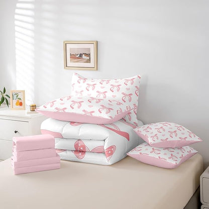 jejeloiu Cute Pink Bow 7 Piece Bedding Set Full Size Ribbon Bow Comforter Set with Sheets for Kids Women Cartoon Love Heart Bed in a Bag Pink White Bed Set
