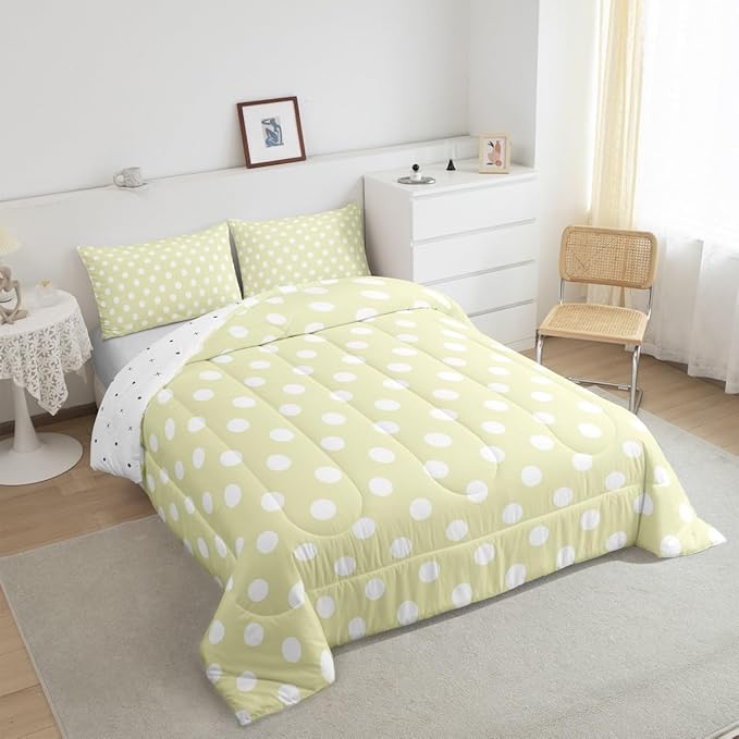 Manfei Polka Dots Comforter Set,Abstract Geometric Circles Simple Art Bedding Set for Kids Teens Bedroom,Cartoon French Style Dots Yellow Green White Quilt Set 2 Pcs with 1 Pillowcase,Toddler