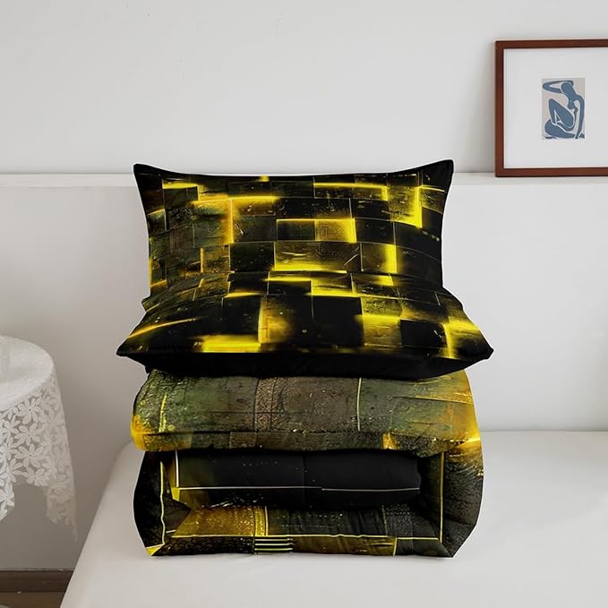 3D Geometric Bedding Set Queen Abstract Aesthetic Queen Comforter, Black and Yellow Duvet Insert Glowing Futuristic Cubes Quilt Comforter Neon Grid Bedding Comforters & Sets 3pcs (Black Reversible)