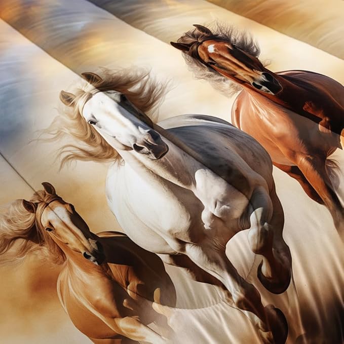 Kid Galloping Horse Comforter Set Queen Animal Theme Handsome Horse Bedding Set Wild Animal Grey Sky Sand Decor Quilt Bed Set for Boys Girls Adult, 1 Comforter + 2 Pillowcases