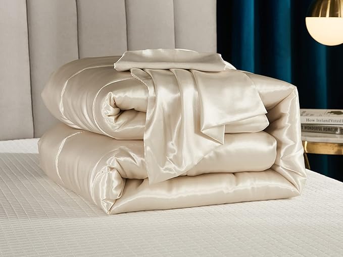 Bedding_Dreamer Satin Comforter King Silky Comforter Set Alternative Down Comforter Silk Like Beige Comforter for Women Luxury Hotel Silky Cream 1 Comforter 2 Pillowcase (King, Beige)