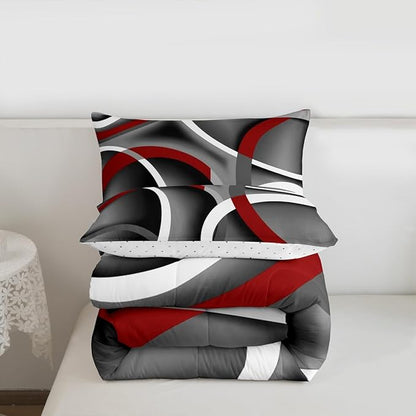 Gray Black Red Swirls Bedding Comforters Retro Circle Stripes Comforter Set for Boys Kids Modern Abstract Bedding Duvet Color Art Home Decoration for All Season,1 Comforter Set + 2 Pillowcases,Full