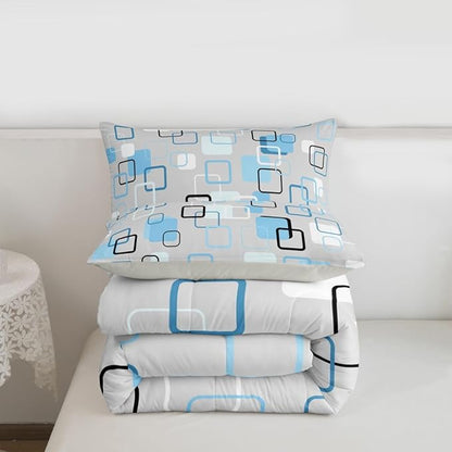 Erosebridal Cool Blue Geometric Square Kids Comforter Sets Abstract Minimalist Stripes Queen Bedding Set for Girls Boys Modern Plaid Comforter Set Checkered Aesthetic Quilt Duvet 3 Pcs