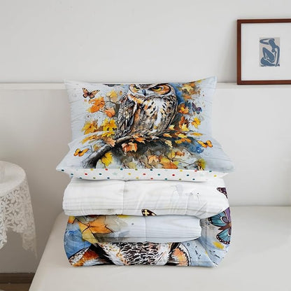 Fall Owl Kids Comforter Set Queen Size,Retro Fallen Maple Leaves Bedding Set,Boys Girls Men Room Decor,Jugnle Wild Birds Down Comforter,Autumn Butterfly Duvet Insert,2 Pillowcases