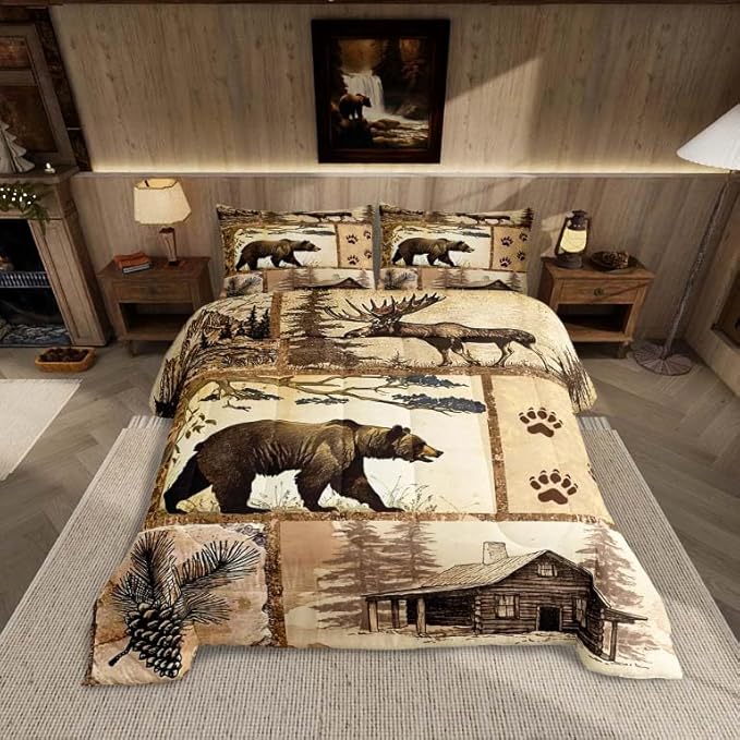 Feelyou Western Rustic Bear Comforter Set Twin Size, Wooden Board Farmhouse Duvet Insert, Forest Animal Wildlife Hunting Country Brown Patchwork Bear Paw Print Quilt,1 Comforter 1 Pillow Shams