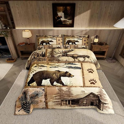 Feelyou Western Rustic Bear Comforter Set Twin Size, Wooden Board Farmhouse Duvet Insert, Forest Animal Wildlife Hunting Country Brown Patchwork Bear Paw Print Quilt,1 Comforter 1 Pillow Shams