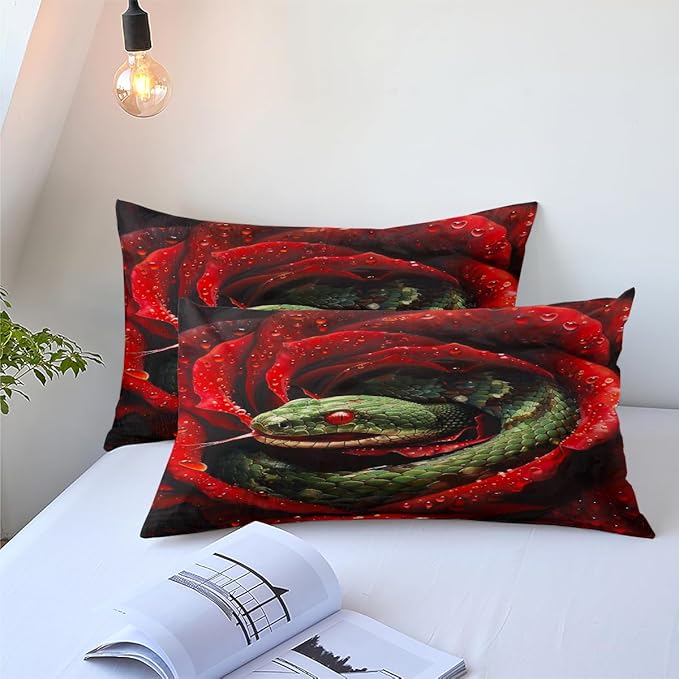 Snake Comforter Set Full Size, Red Roses Bedding Set, 3 Pieces Gothic Bedroom Decor with 2 Pillowcases/79 * 90