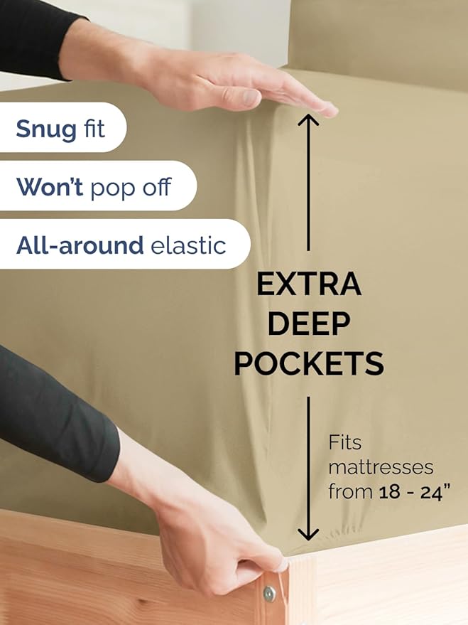 Extra Deep Twin XL Sheet Set - 4 Piece Breathable and Cooling Sheets - Hotel Luxury Bedding for Women, Men, Kids & Teens - Easy & Secure Fit - Soft, Wrinkle Free and Comfy - Extra Deep Pockets - Beige