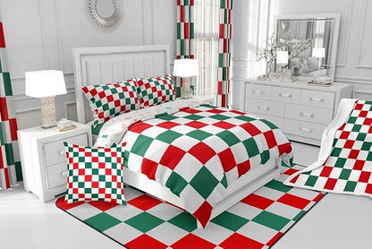 Checkered Christmas Comforter Set Twin Size Red Green Plaid Bedding Set for Kids Boys Girls Geometric Vintage Duvet Quilt Modern Simple Groovy Aesthetic Bedroom Decor 2 Pcs with 1 Pillow Cases