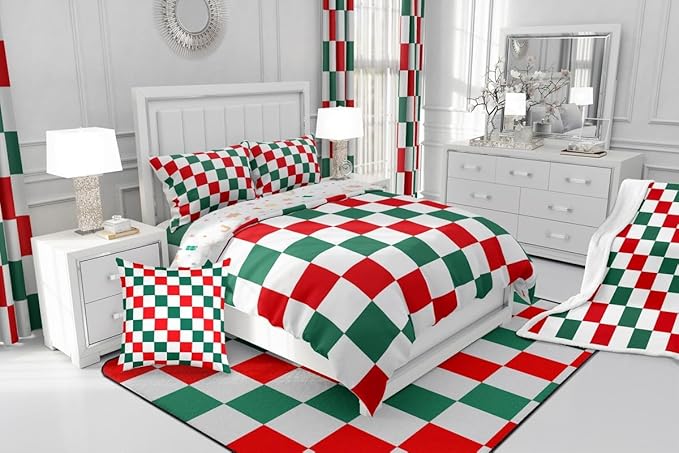 Checkered Christmas Comforter Set Full Size Red Green Plaid Bedding Set for Kids Boys Girls Geometric Vintage Duvet Quilt Modern Simple Groovy Aesthetic Bedroom Decor 3 Pcs with 2 Pillow Cases
