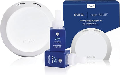 Capri Blue x Pura 4 - Smart Fragrance Diffuser Plug in Kit - Includes 1 Pura Diffuser + 2 Fragrance Refill Vials - Long Lasting Scents - LED Light - 2.4 GHz WiFi Required (Volcano)
