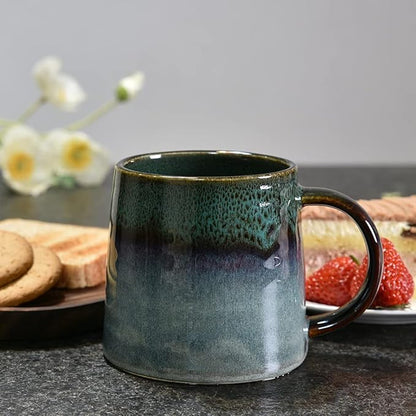 Large Ceramic Coffee Mug, Pottery Mug,Tea Cup for Office and Home,Handmade Pottery Coffee Mugs,16.5 Oz,Dishwasher and Microwave Safe,kiln altered glaze craft (Dark Green)