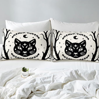 Erosebridal Gothic Cat Comforter Set Full, Halloween Cat Decor Bedding Set for Kids Boys Teens Men Gothic Bedroom Decor, Goth Comforter, Sun and Moon Quilt, 3 Piece with 2 Pillowcases
