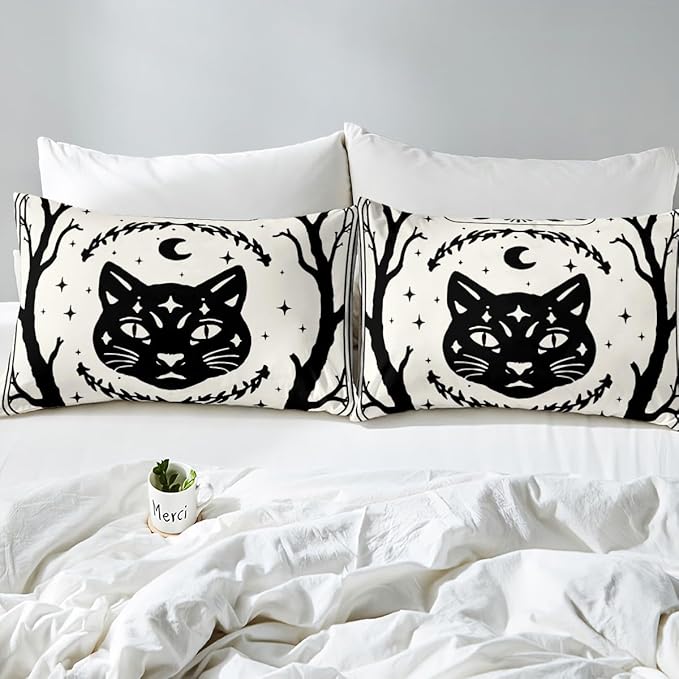 Erosebridal Gothic Cat Comforter Set Toddler, Halloween Cat Decor Bedding Set for Kids Boys Teens Men Gothic Bedroom Decor, Goth Comforter, Sun and Moon Quilt, 2 Piece with 1 Pillowcase
