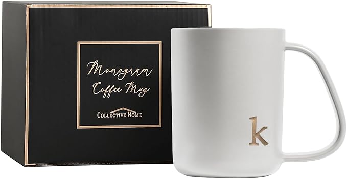COLLECTIVE HOME - Ergonomic Handle Ceramic Mug, 15 oz Personalized Coffee Cup with Golden Initial, Microwave & Dishwasher Safe, Elegant Monogram Tea Mug in Gift Box for Home & Office (White-k)