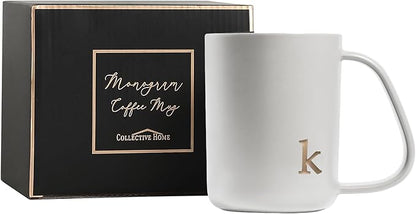 COLLECTIVE HOME - Ergonomic Handle Ceramic Mug, 15 oz Personalized Coffee Cup with Golden Initial, Microwave & Dishwasher Safe, Elegant Monogram Tea Mug in Gift Box for Home & Office (White-k)