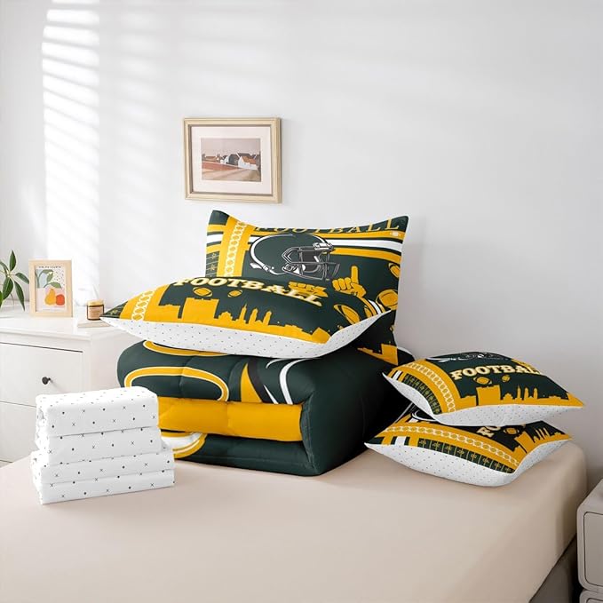 Feelyou Football 7 Pieces Comforter Sets King Size Kids Rugby Sports Bedding Set Rugby Sports Football City Bed in a Bag with Comforter, Sheets, Pillowcases & Cushion Cover
