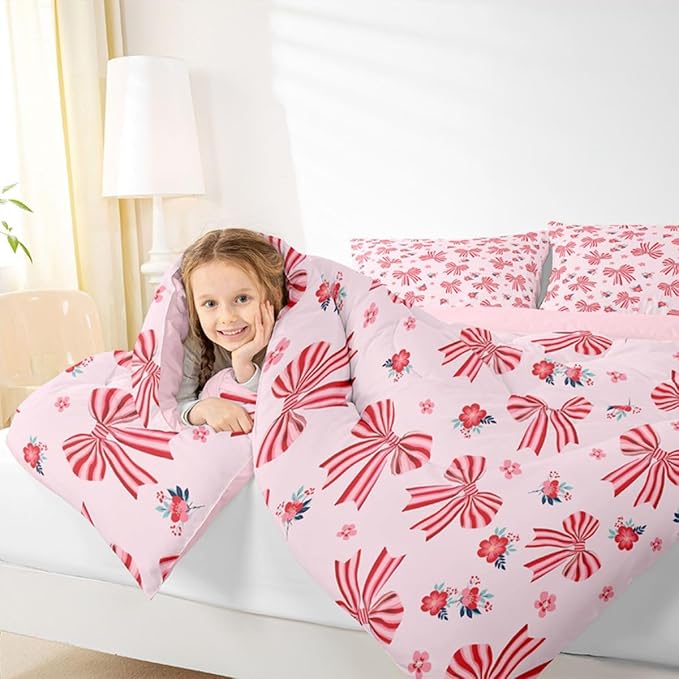 Feelyou Red Pink Pink Bow Comforter Set Toddler Size Cute Floral Bedding Set for Kids Boys Girls Cute Bowknot Duvet Quilt Kawaii Bedroom Decor Microfiber 2 Pcs with 1 Pillow Cases