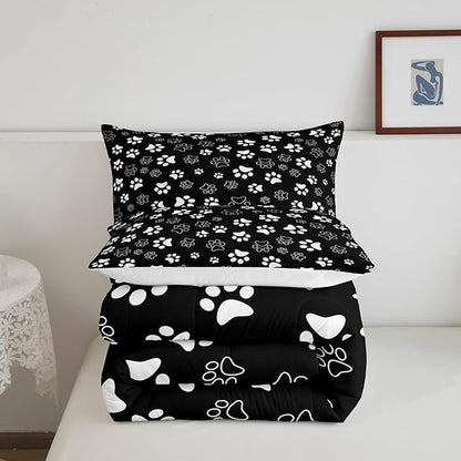 Manfei Dog Paw Print Comforter Set Queen Size, Black and White Animal Footprint Bedding Set for Kids Boys Girls Room Decor, Animal Theme Down Comforter, Soft Polyester Quilt Set,2 Pillowcases