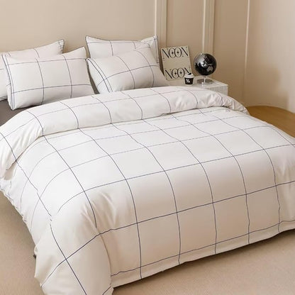 CLOTHKNOW White Grid Queen Comforter Set Plaid Bedding Comforter Sets Soft Big Checker Comforter and 2 x Pillow Cases