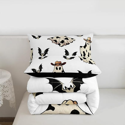 Erosebridal Cowboy Ghost Comforter Set King for Boys, Horror Halloween Decor Bedding Set Gothic Bat Comforter, Black Bat Quilt with 2 Pillow Cases for Kids Girls Teens Women Men Bedroom