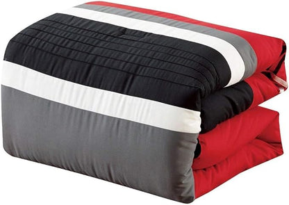 Chezmoi Collection Arden 7-Piece Modern Pleated Stripe Embroidered Zigzag Bedding Comforter Set (King, Red/Black/Gray/Off-White)