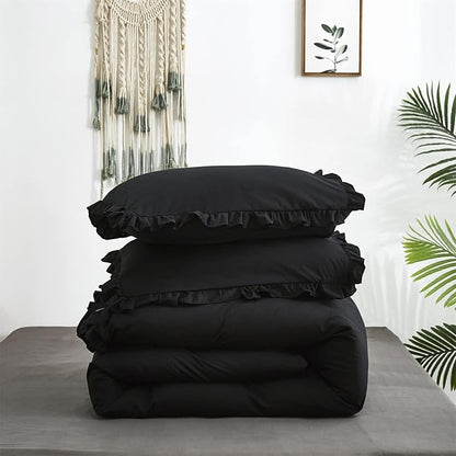 Luxlovery Black Ruffle Comforter Set Queen Farmhouse Shabby Khaki Bedding Comforter Set Full All Black Color Quilts Blankets Vintage Shabby Soft Breathable Boho Bedding Set for Queen Bed Women Men