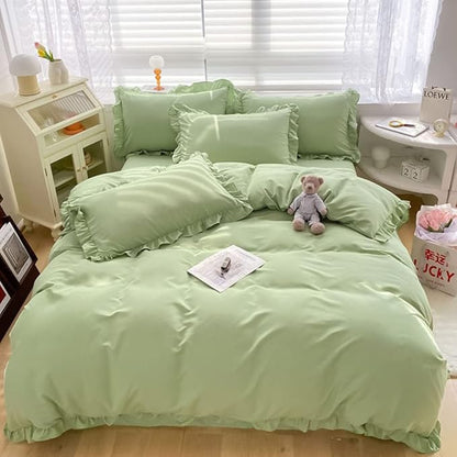 CLOTHKNOW Green Ruffles Queen Comforter Set Farmhouse Bedding Comforter Sets Soft Sage Green Comforter with 2 x Pillow Cases