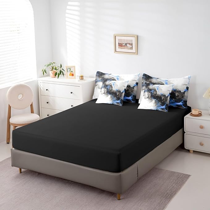 Black and Navy Blue Marbling Queen Comforter Set 7-Piece Aesthetic Marble Bedding Comforter Sets, Watercolor Artwork Bed in a Bag Abstract Marbling Bedding Set, Mountain Fluid Bed Sheets Set