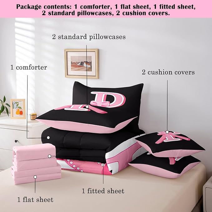 jejeloiu Kawaii Pink Bow Twin Comforter Set with Sheets,Gifts for Women Teen Girl,Monogrammed 7 Piece Bedding Set,Soft Personalized Initial Letter P Bed in a Bag with Comforter,Sheets,Pillowcases