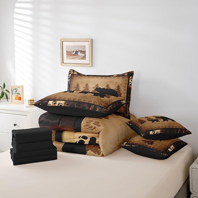Feelyou Bear Comforter Set Queen Size 7 Pcs Cabin Lodge Bed in a Bag Rustic Wild Animals Bedding Farmhouse Hunting Bed Set with Sheets, Pillowcases, Pillow Covers