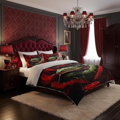Snake Comforter Set Full Size, Red Roses Bedding Set, 3 Pieces Gothic Bedroom Decor with 2 Pillowcases/79 * 90