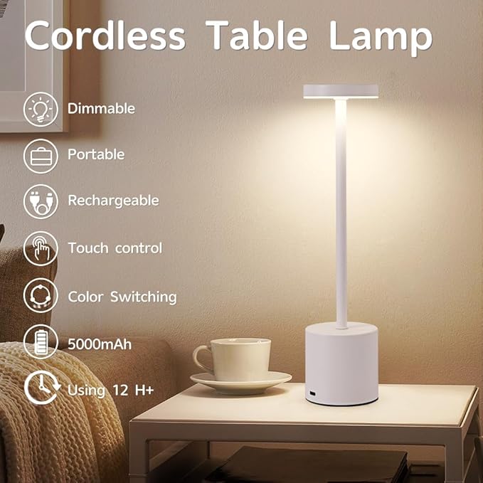 Cordless Table Lamp Set of 2, 5000mAh Rechargeable Battery Powered LED Table Light, Portable Touch Dimming Outdoor Table Lamps,3 Color Light for Restaurant,Patio,Bedroom,Camping,Cofee (White)